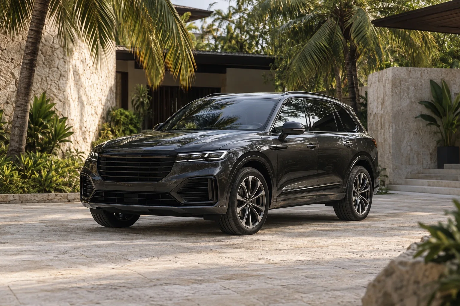 Generated concept image of a graphite luxury SUV outside a tropical resort